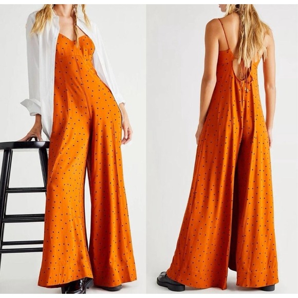 Free People Polka Dot Romper Jumpsuit Burnt Orange Women's Size Med Boho Hippie - Picture 1 of 6